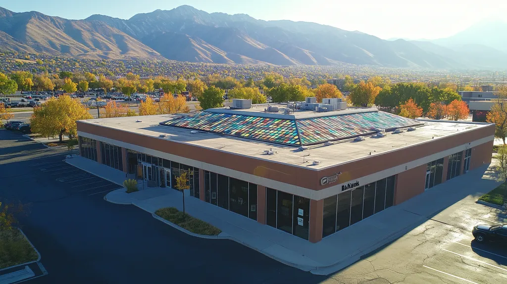 A commercial roof on a bank in a location similar to Salt Lake City with a stained glass style aesthetic (AI image)