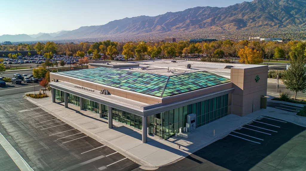 A commercial roof on a bank in a location similar to Salt Lake City with a stained glass style aesthetic (AI image)