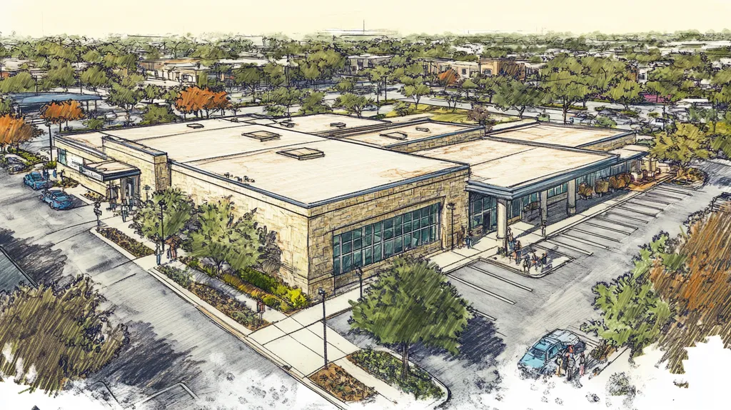 A commercial roof on a bank in a location similar to San Antonio with a charcoal sketch aesthetic (AI image)