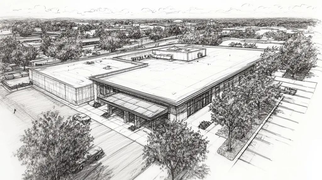 A commercial roof on a bank in a location similar to San Antonio with a charcoal sketch aesthetic (AI image)