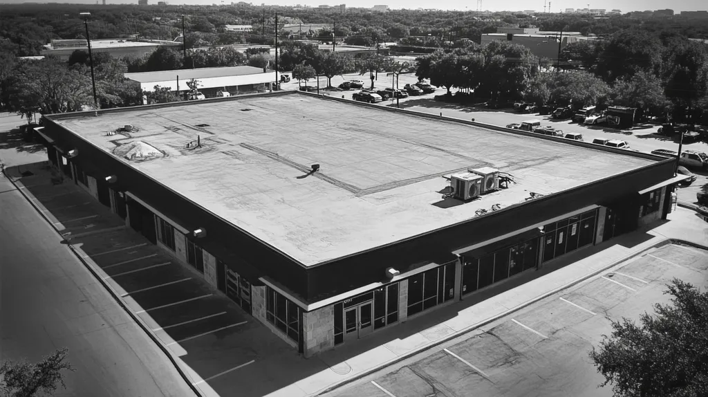 A commercial roof on a bank in a location similar to San Antonio with a charcoal sketch aesthetic (AI image)