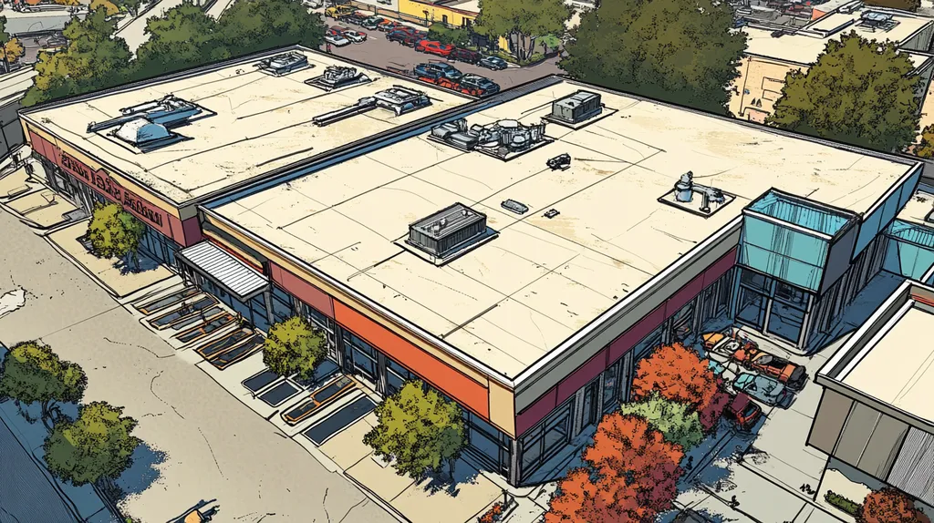 A commercial roof on a bank in a location similar to San Antonio with a comic book style aesthetic (AI image)