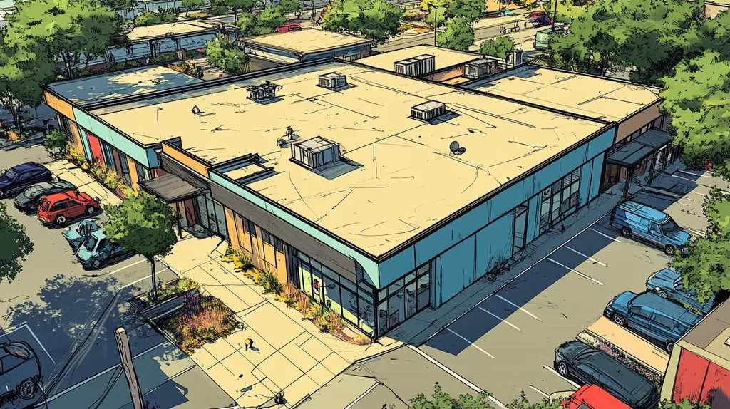A commercial roof on a bank in a location similar to San Antonio with a comic book style aesthetic (AI image)