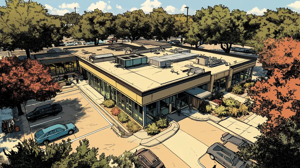 A commercial roof on a bank in a location similar to San Antonio with a comic book style aesthetic (AI image)