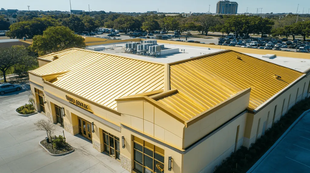 A commercial roof on a bank in a location similar to San Antonio with a solid gold aesthetic (AI image)