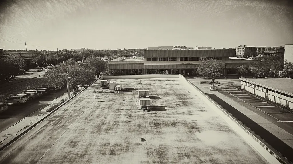 A commercial roof on a bank in a location similar to San Antonio with a tintype aesthetic (AI image)