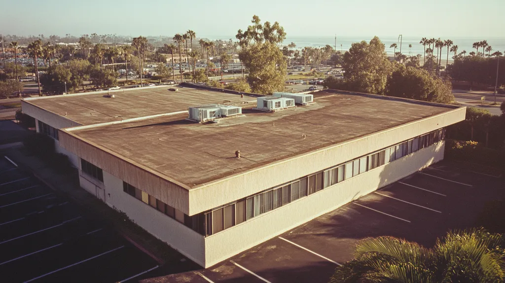 A commercial roof on a bank in a location similar to San Diego with a Polaroid aesthetic (AI image)