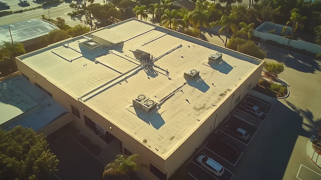 A commercial roof on a bank in a location similar to San Diego with a Polaroid aesthetic (AI image)