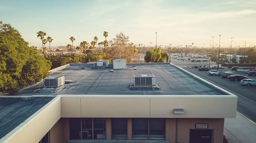 A commercial roof on a bank in a location similar to San Diego with a Polaroid aesthetic (AI image)