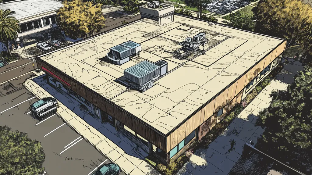 A commercial roof on a bank in a location similar to San Diego with a comic book style aesthetic (AI image)