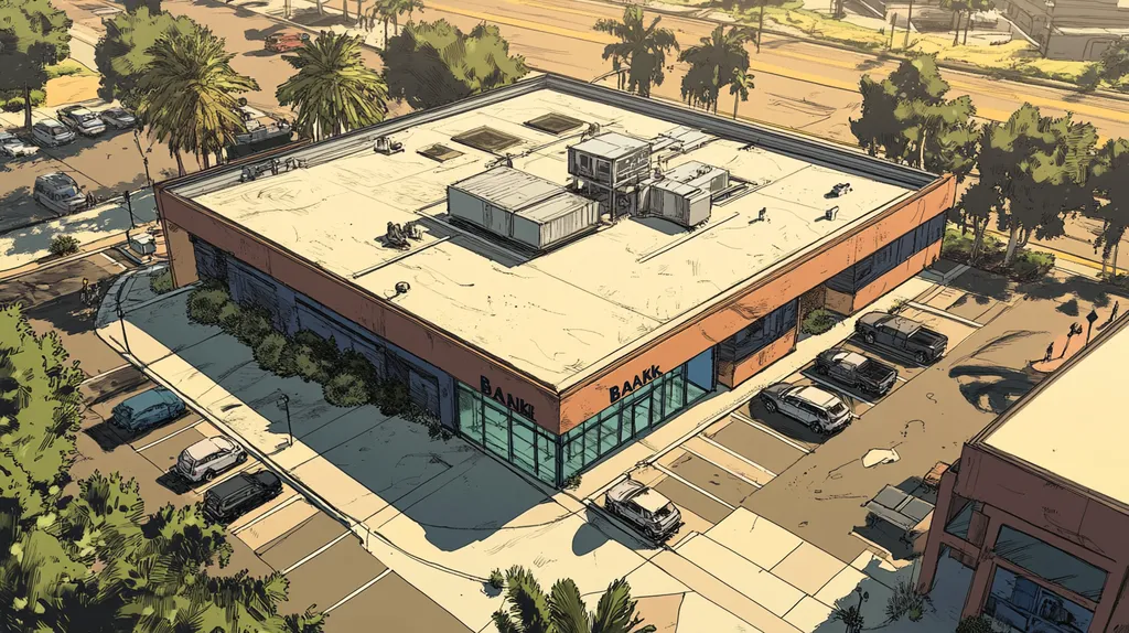 A commercial roof on a bank in a location similar to San Diego with a comic book style aesthetic (AI image)