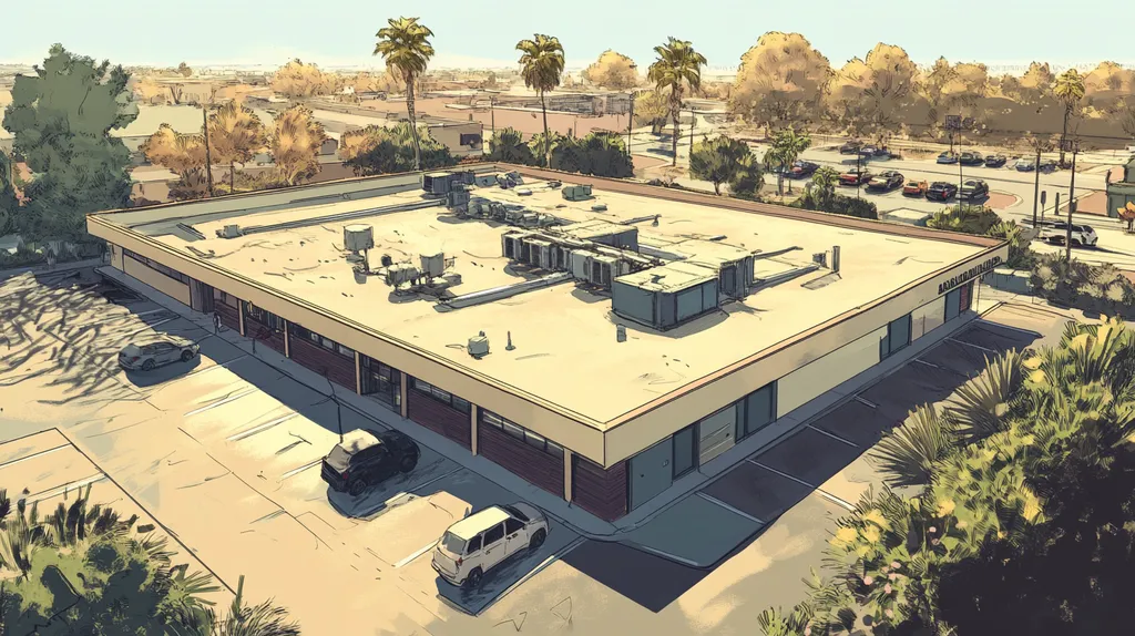 A commercial roof on a bank in a location similar to San Diego with a comic book style aesthetic (AI image)