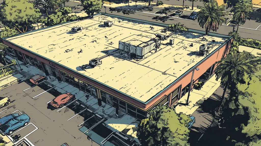 A commercial roof on a bank in a location similar to San Diego with a comic book style aesthetic (AI image)