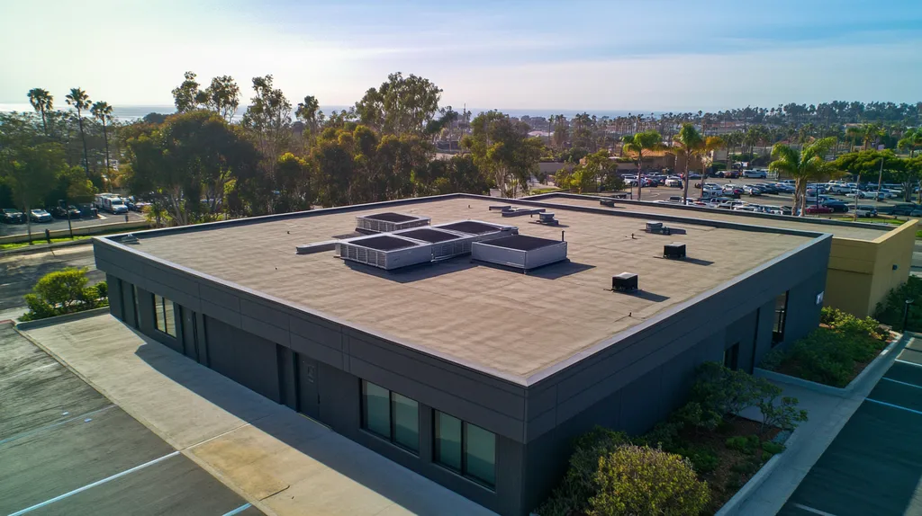 A commercial roof on a bank in a location similar to San Diego with a rainy day aesthetic (AI image)