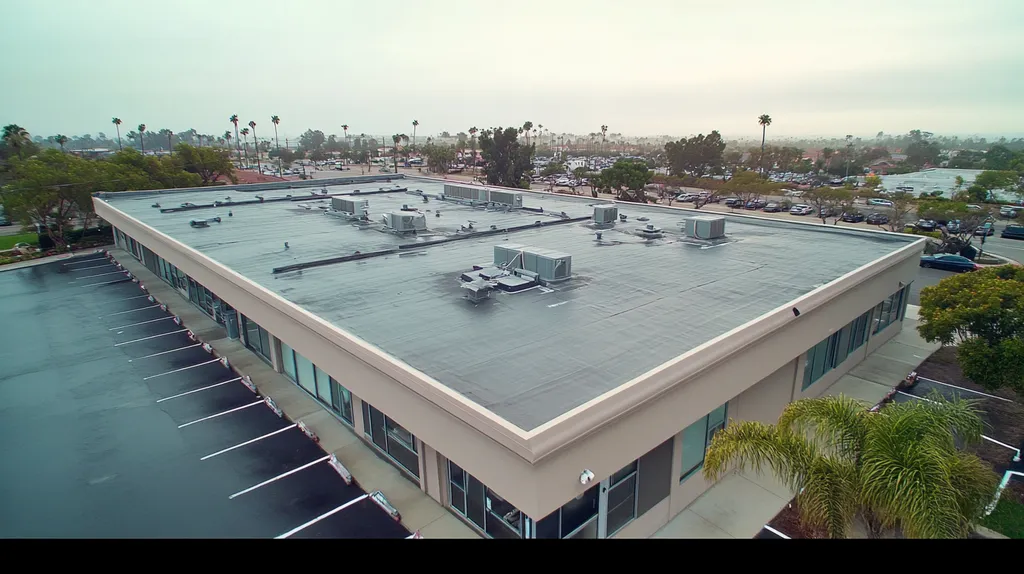 A commercial roof on a bank in a location similar to San Diego with a rainy day aesthetic (AI image)