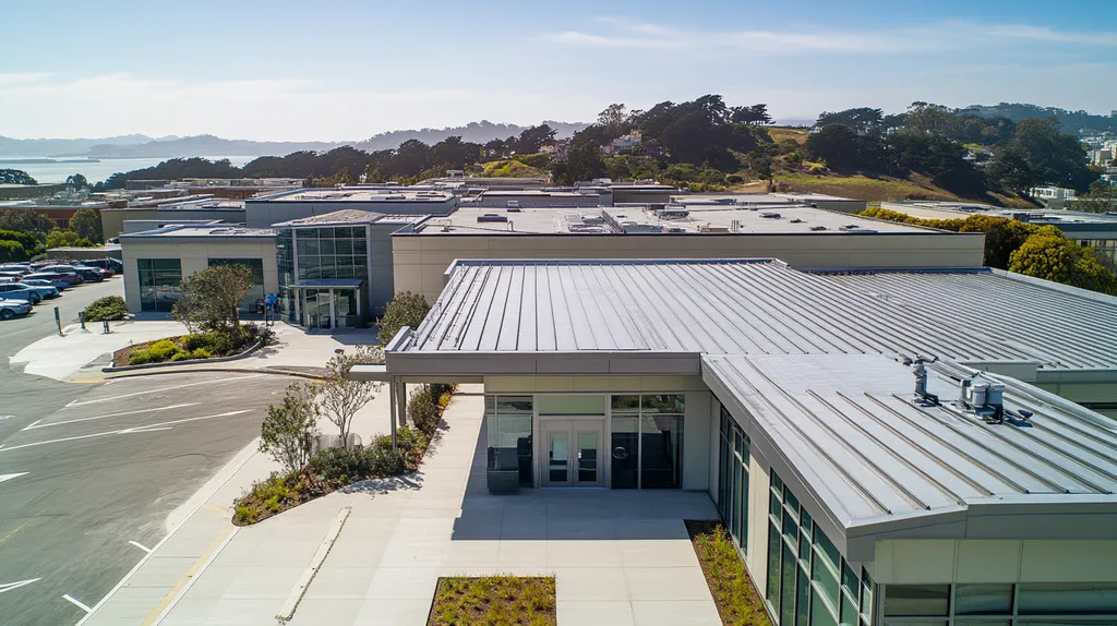 A commercial roof on a bank in a location similar to San Francisco with an architectural photography aesthetic (AI image)