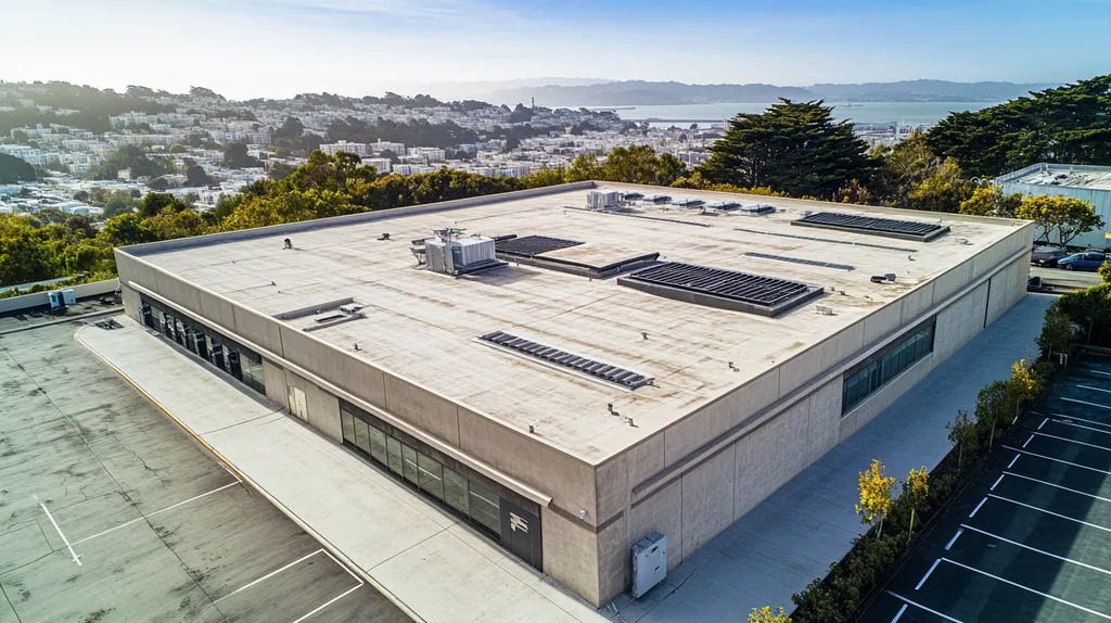 A commercial roof on a bank in a location similar to San Francisco with an architectural photography aesthetic (AI image)
