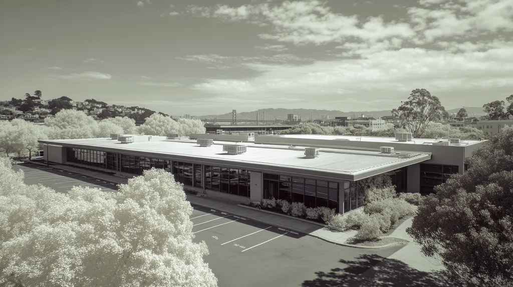 A commercial roof on a bank in a location similar to San Francisco with an infrared photography aesthetic (AI image)