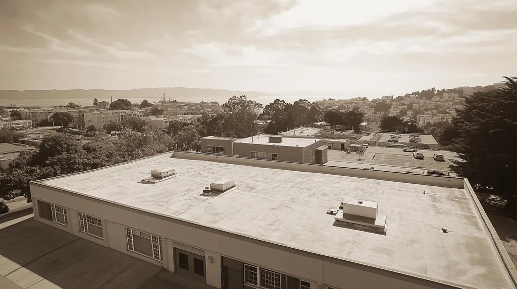 A commercial roof on a bank in a location similar to San Francisco with a tintype aesthetic (AI image)
