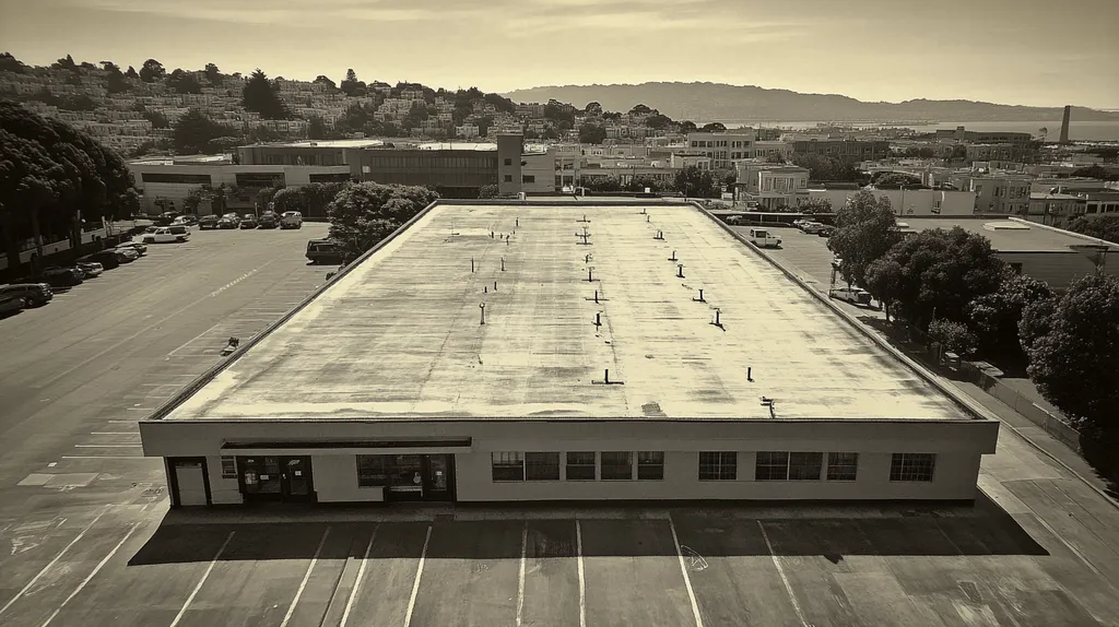 A commercial roof on a bank in a location similar to San Francisco with a tintype aesthetic (AI image)