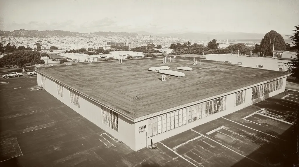 A commercial roof on a bank in a location similar to San Francisco with a tintype aesthetic (AI image)