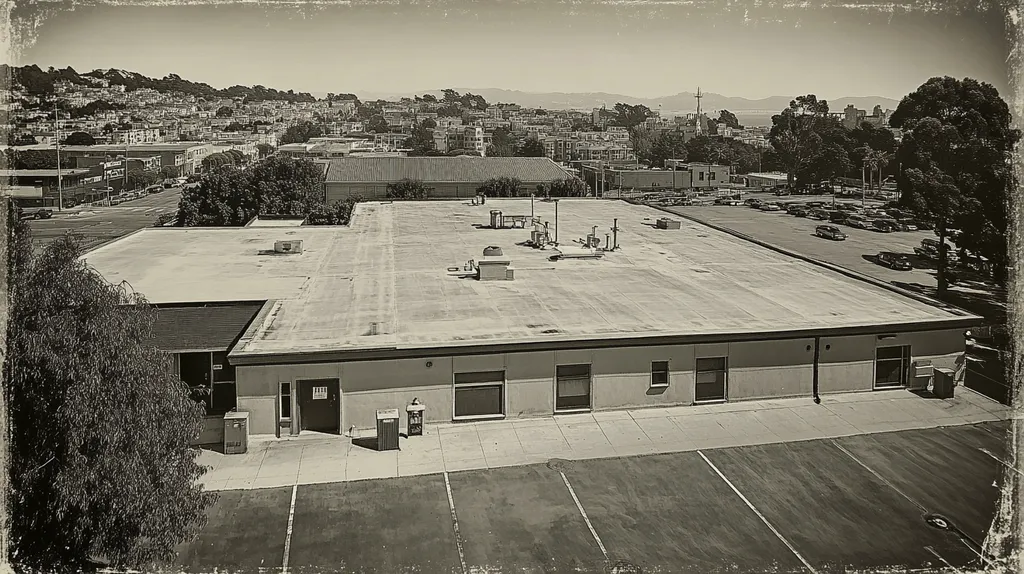 A commercial roof on a bank in a location similar to San Francisco with a tintype aesthetic (AI image)