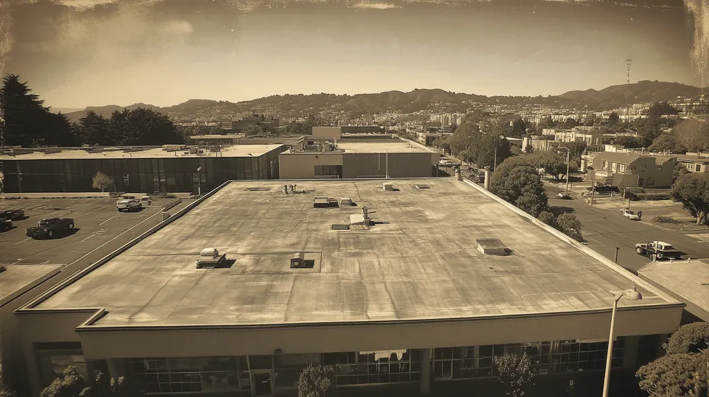 A commercial roof on a bank in a location similar to San Francisco with a tintype aesthetic (AI image)