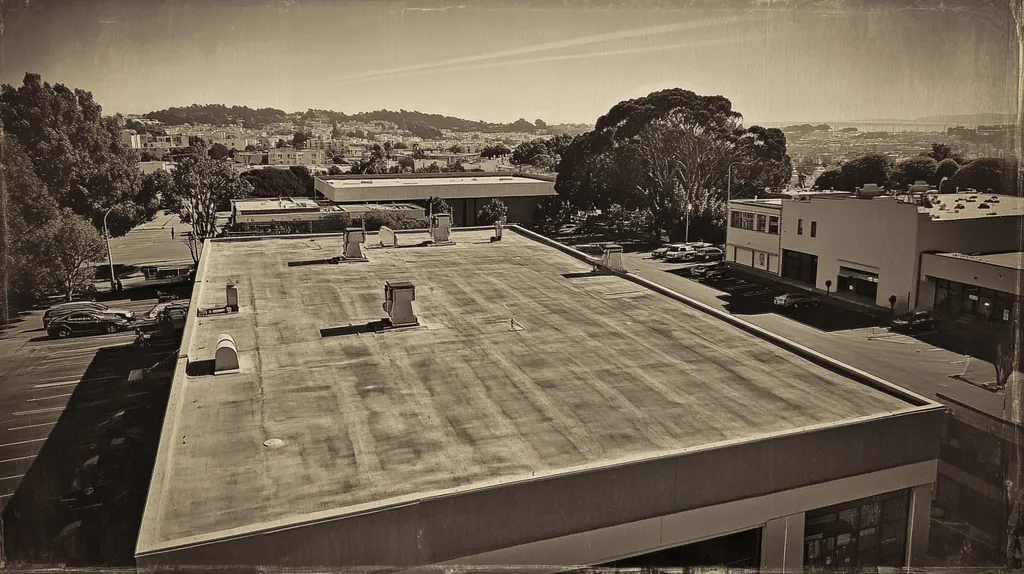 A commercial roof on a bank in a location similar to San Francisco with a tintype aesthetic (AI image)