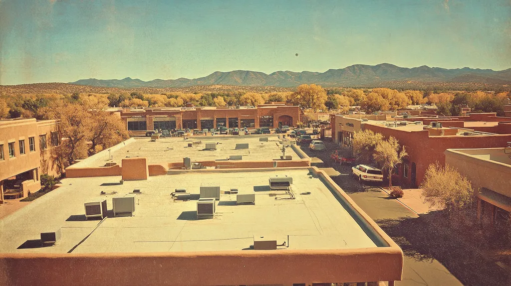 A commercial roof on a bank in a location similar to Santa Fe with a Polaroid aesthetic (AI image)
