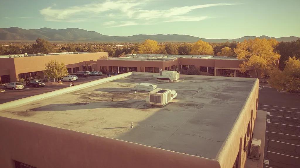 A commercial roof on a bank in a location similar to Santa Fe with a Polaroid aesthetic (AI image)