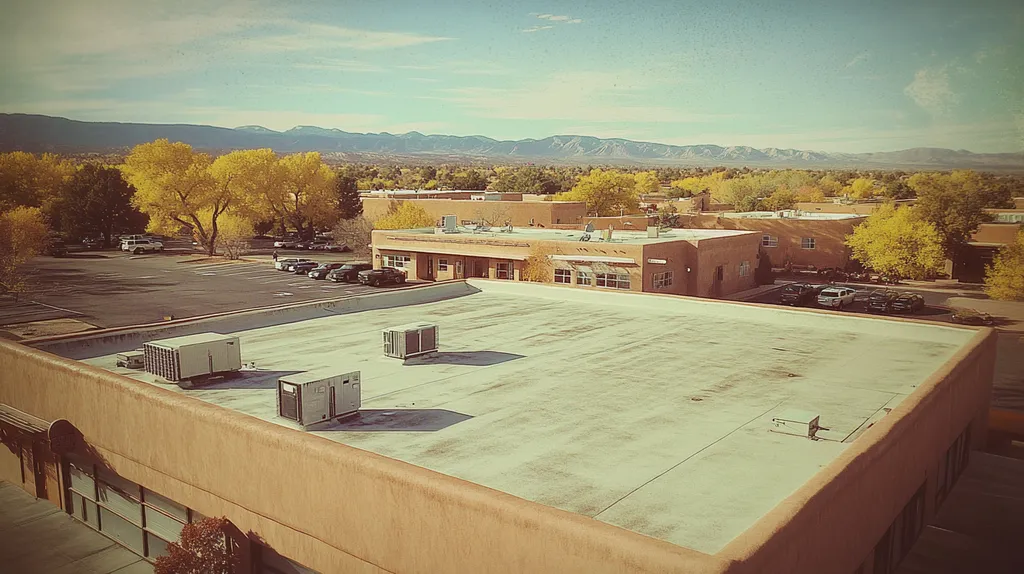 A commercial roof on a bank in a location similar to Santa Fe with a Polaroid aesthetic (AI image)