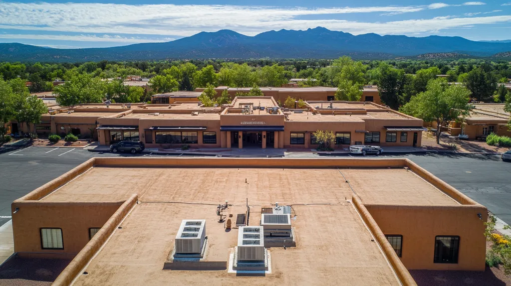 A commercial roof on a bank in a location similar to Santa Fe with an architectural photography aesthetic (AI image)
