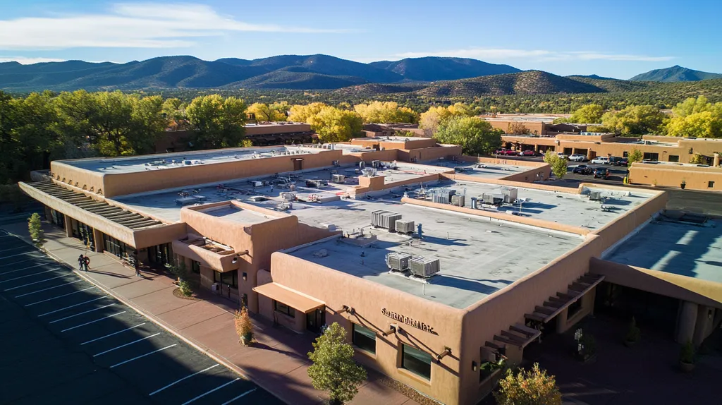 A commercial roof on a bank in a location similar to Santa Fe with an architectural photography aesthetic (AI image)