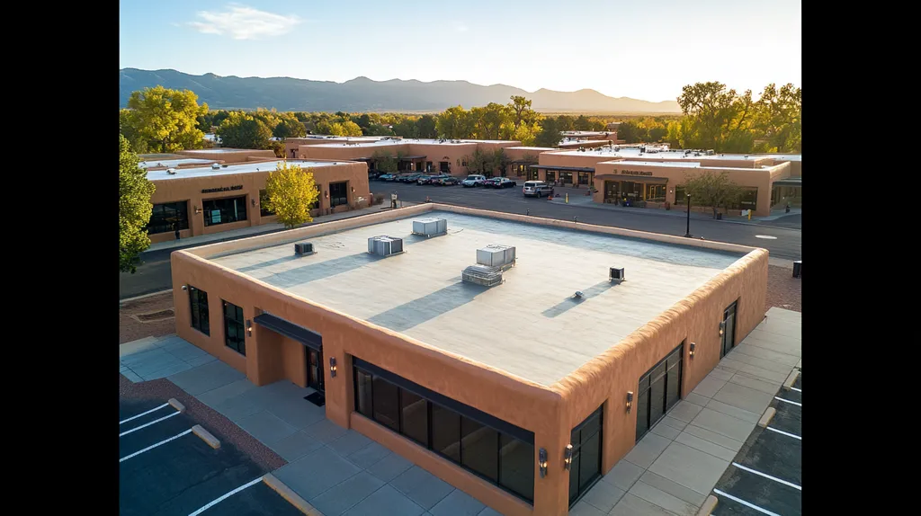 A commercial roof on a bank in a location similar to Santa Fe with an architectural photography aesthetic (AI image)