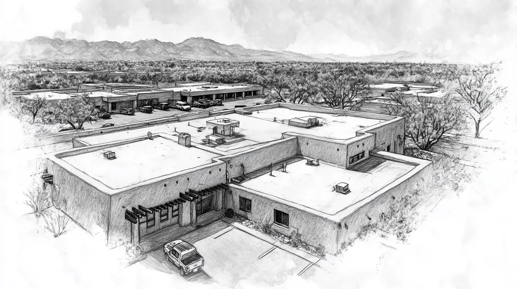 A commercial roof on a bank in a location similar to Santa Fe with a charcoal sketch aesthetic (AI image)