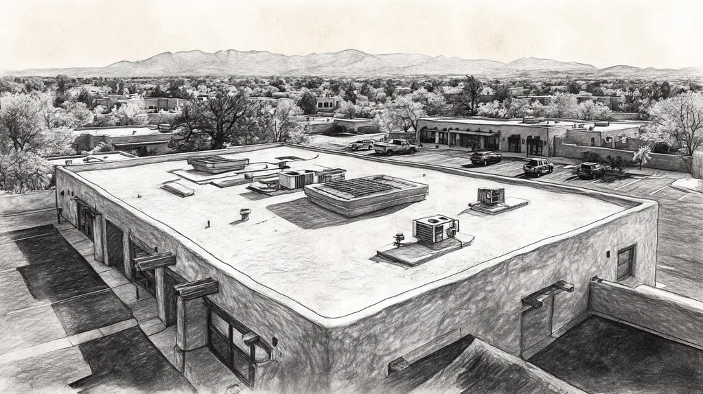 A commercial roof on a bank in a location similar to Santa Fe with a charcoal sketch aesthetic (AI image)
