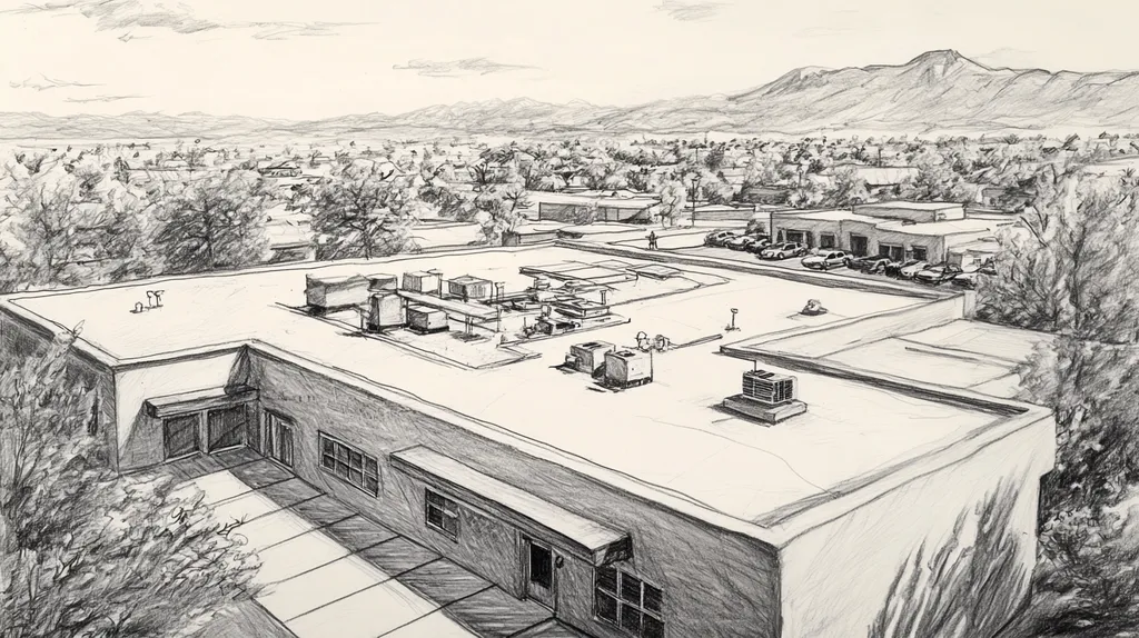 A commercial roof on a bank in a location similar to Santa Fe with a charcoal sketch aesthetic (AI image)