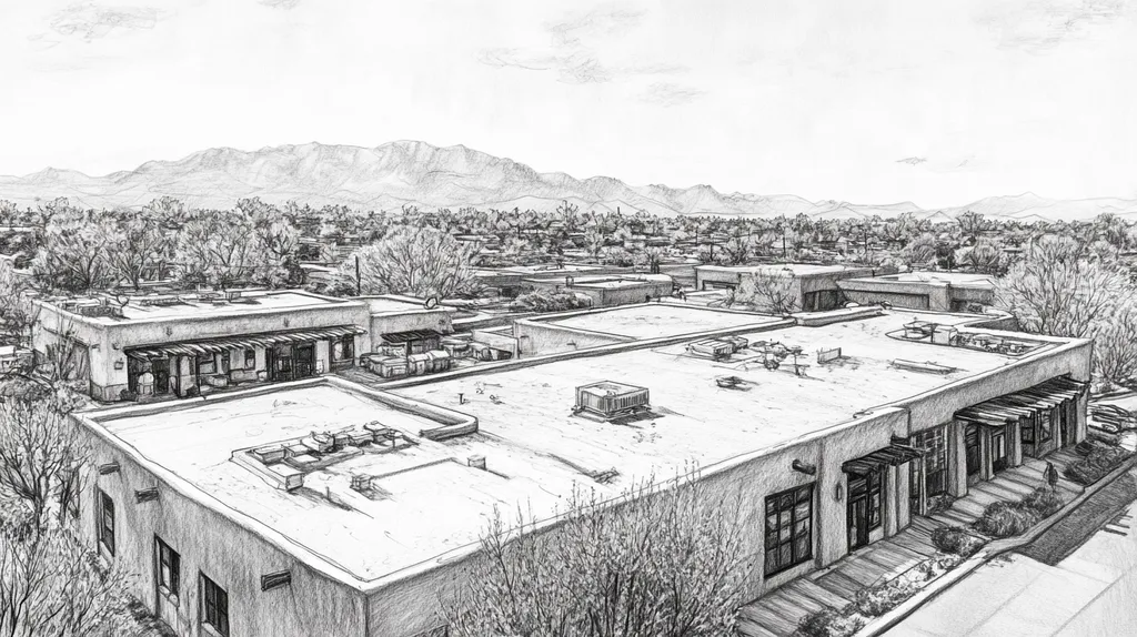 A commercial roof on a bank in a location similar to Santa Fe with a charcoal sketch aesthetic (AI image)