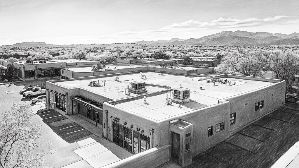 A commercial roof on a bank in a location similar to Santa Fe with a charcoal sketch aesthetic (AI image)