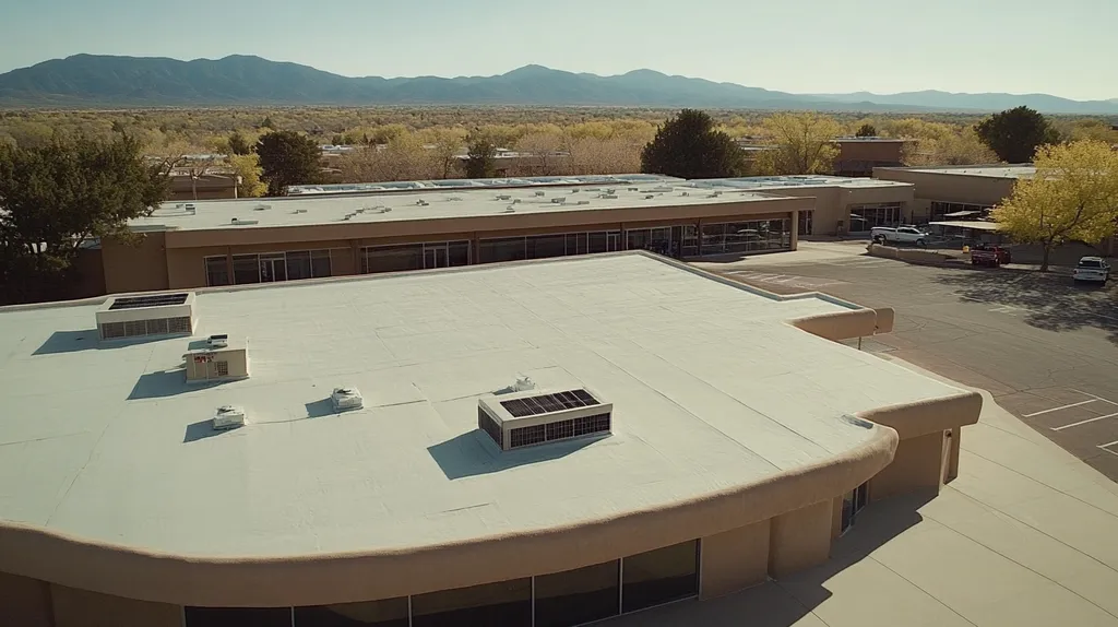 A commercial roof on a bank in a location similar to Santa Fe with a futuristic aesthetic (AI image)