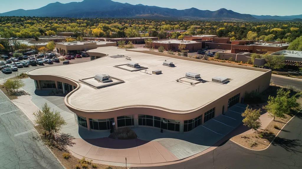 A commercial roof on a bank in a location similar to Santa Fe with a futuristic aesthetic (AI image)