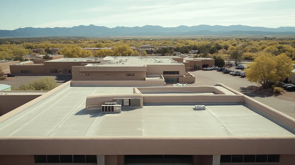 A commercial roof on a bank in a location similar to Santa Fe with a futuristic aesthetic (AI image)