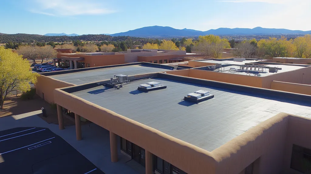 A commercial roof on a bank in a location similar to Santa Fe with a futuristic aesthetic (AI image)