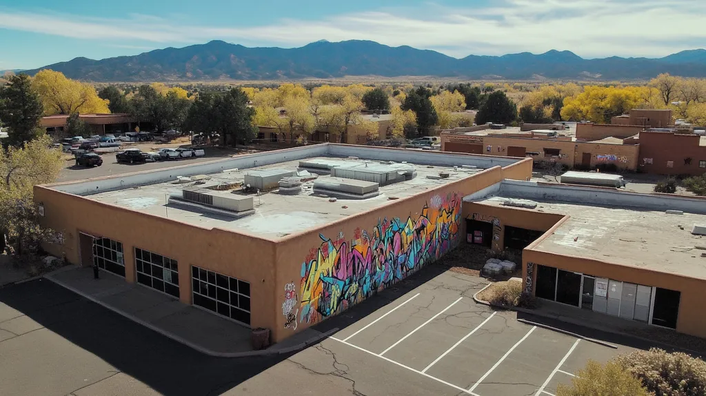 A commercial roof on a bank in a location similar to Santa Fe with a graffiti mural aesthetic (AI image)