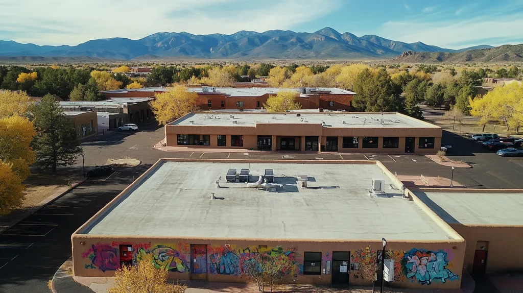 A commercial roof on a bank in a location similar to Santa Fe with a graffiti mural aesthetic (AI image)