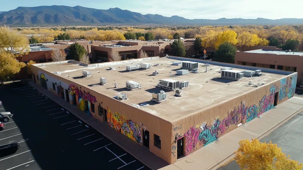 A commercial roof on a bank in a location similar to Santa Fe with a graffiti mural aesthetic (AI image)
