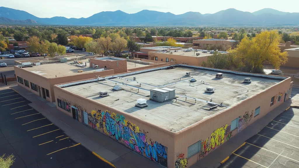 A commercial roof on a bank in a location similar to Santa Fe with a graffiti mural aesthetic (AI image)