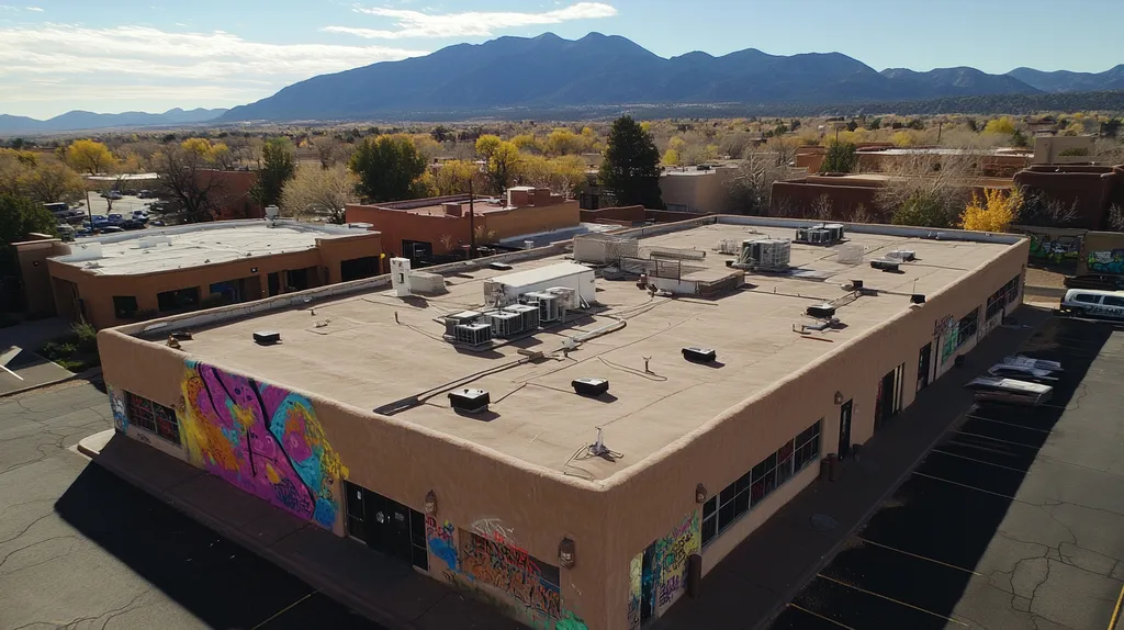 A commercial roof on a bank in a location similar to Santa Fe with a graffiti mural aesthetic (AI image)