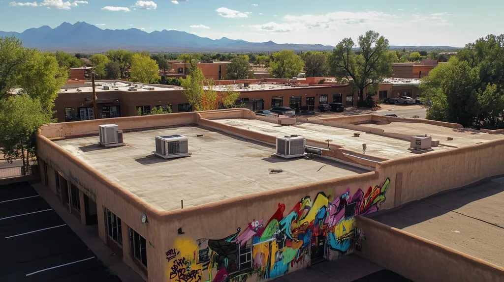 A commercial roof on a bank in a location similar to Santa Fe with a graffiti mural aesthetic (AI image)