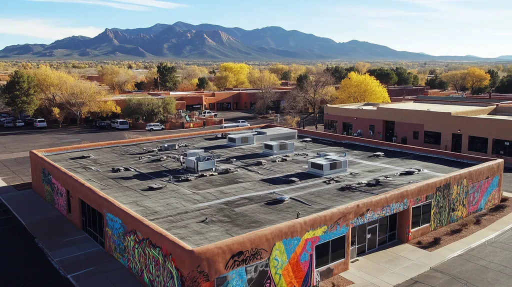 A commercial roof on a bank in a location similar to Santa Fe with a graffiti mural aesthetic (AI image)